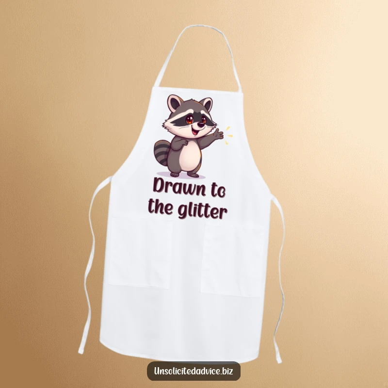 Funny Raccoon Apron: Humorous apron showing an energetic raccoon pointing to a shimmering path, ideal for chefs with big dreams, a funny gift.