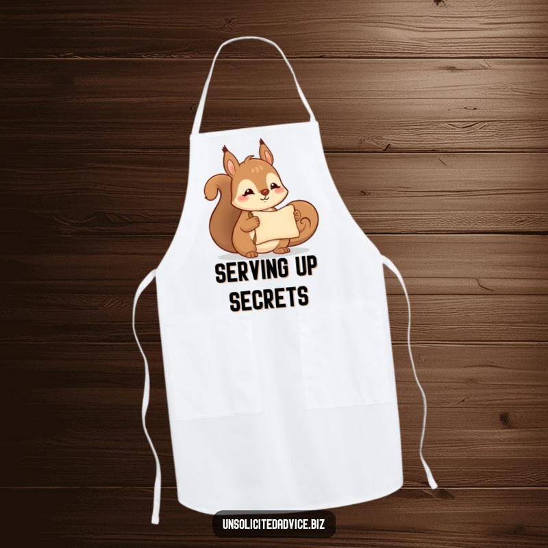 Funny apron featuring a cute anthropomorphic squirrel smiling and holding a tiny scroll, perfect for charming kitchen adventures.