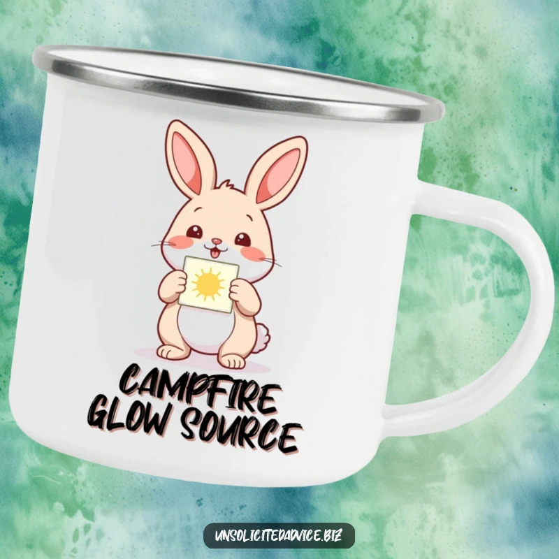 Funny camping mug featuring a happy anthropomorphic rabbit presenting a small, glowing diagram, perfect for outdoor inspiration.