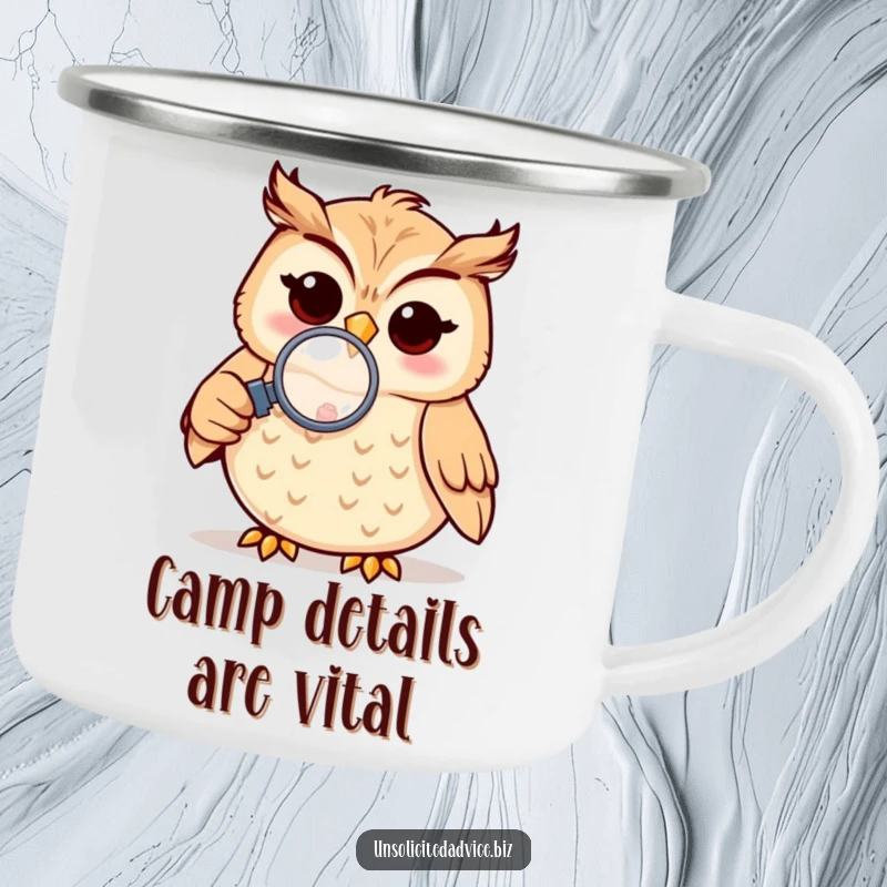 Funny camping mug featuring a cheerful anthropomorphic owl using a magnifying glass, perfect for outdoor contemplation.