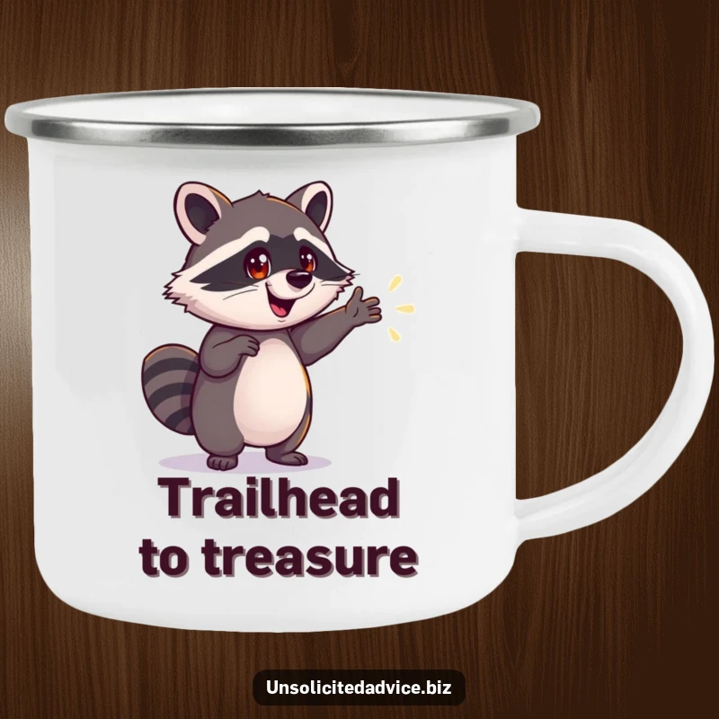 Funny Raccoon Camping Mug: Durable mug with an eager raccoon pointing to a shimmering path, perfect for campfire tales, a funny gift.