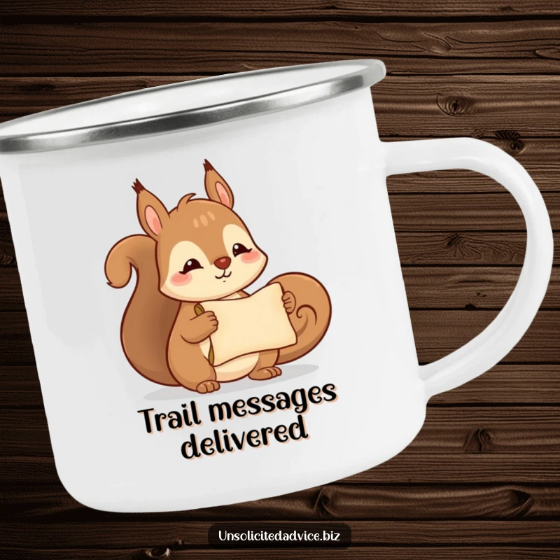 Funny camping mug featuring a cute anthropomorphic squirrel smiling and holding a tiny scroll, perfect for outdoor charm.