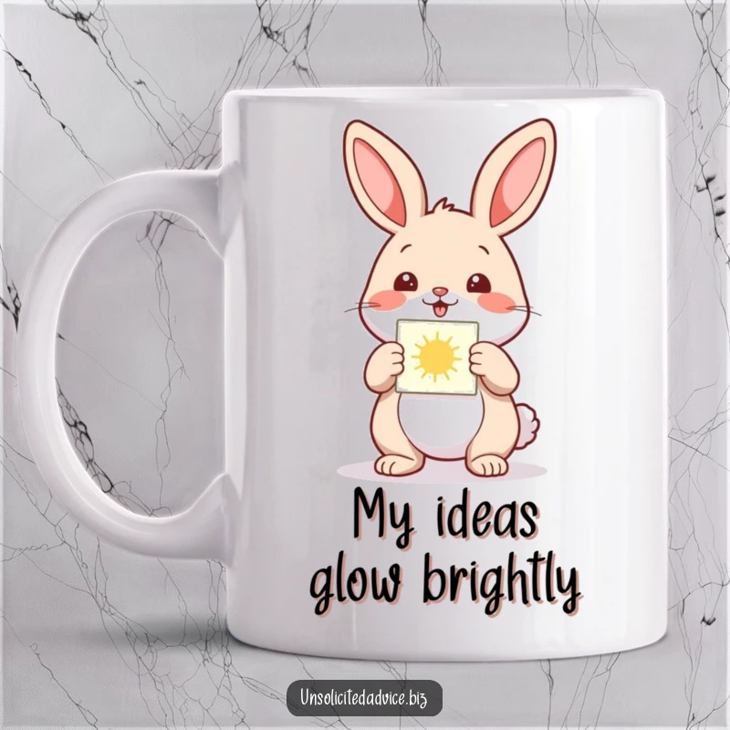 Funny mug with a happy anthropomorphic rabbit presenting a small, glowing diagram, symbolizing a brilliant and cheerful idea.