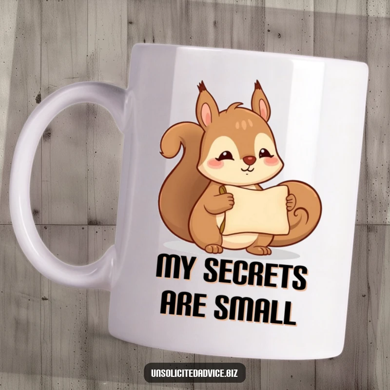Funny mug showcasing a cute anthropomorphic squirrel smiling while presenting a tiny, rolled-up scroll, a delightful messenger.