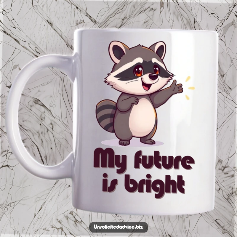 Funny Raccoon Mug: Enthusiastic raccoon points to a shiny, distant path, symbolizing hope and adventure, a perfect funny gift.