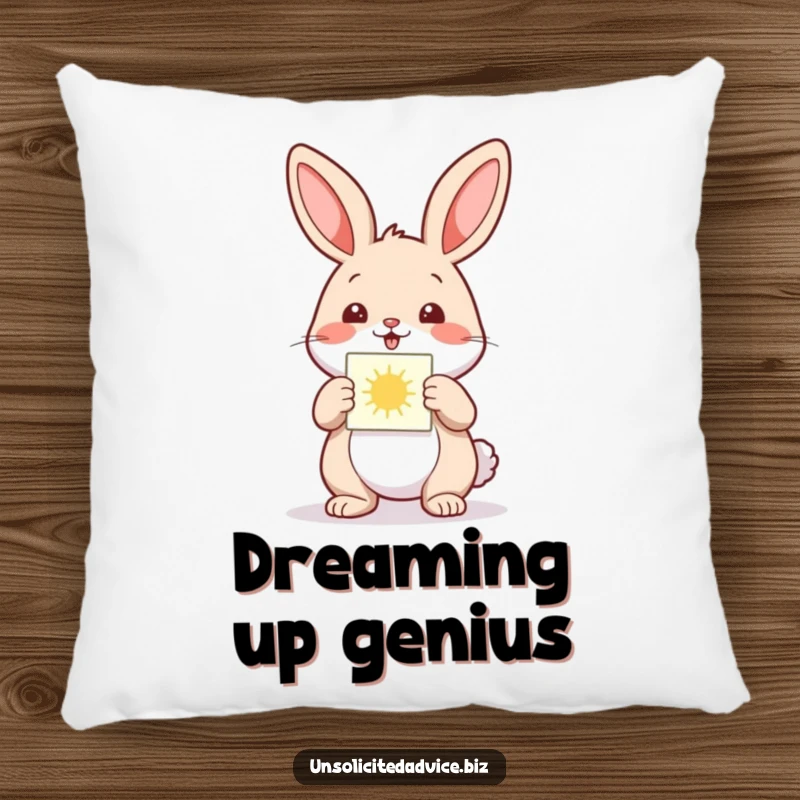 Funny pillow featuring a happy anthropomorphic rabbit presenting a small, glowing diagram, offering soft comfort and inspiration.