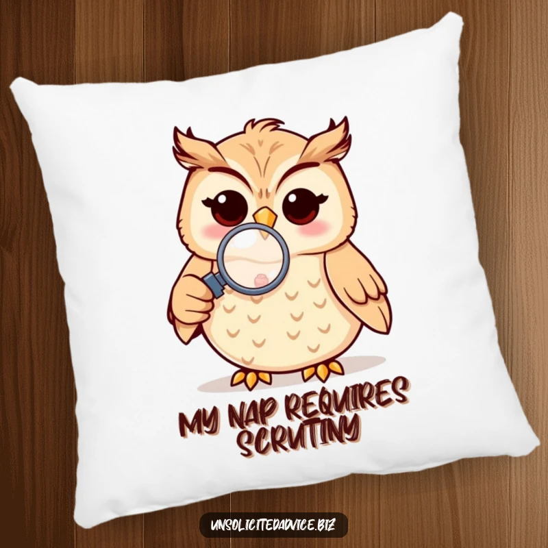Funny pillow featuring a cheerful anthropomorphic owl using a magnifying glass to examine something small, offering soft contemplation.