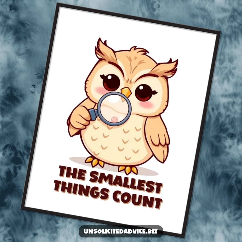 Funny digital art print of a cheerful anthropomorphic owl intently examining a small object with a magnifying glass, radiating curiosity.