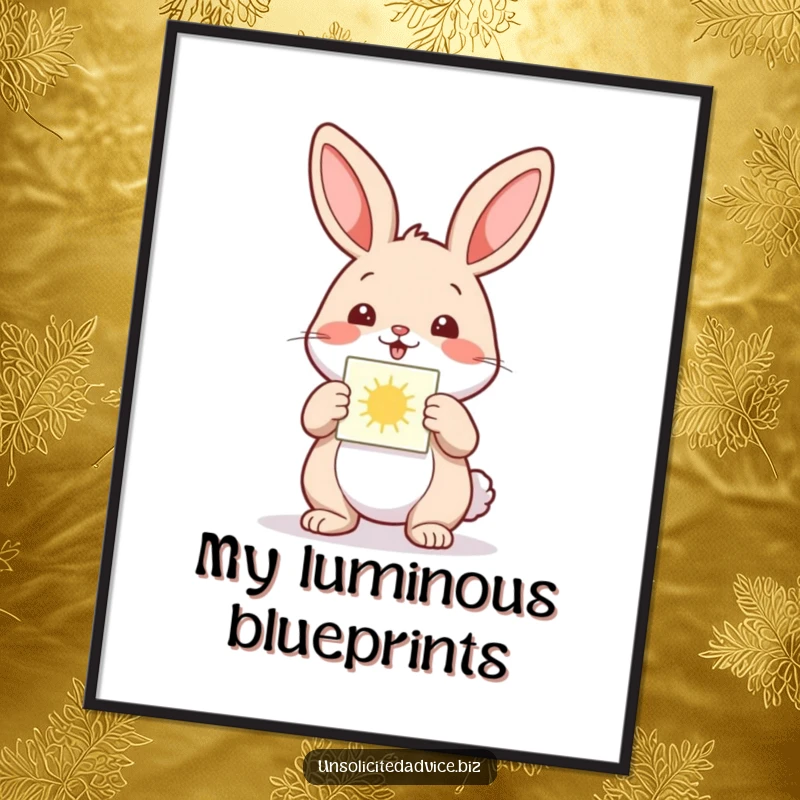 Funny digital art print of a happy anthropomorphic rabbit presenting a small, glowing diagram, radiating pure inventive cheer.