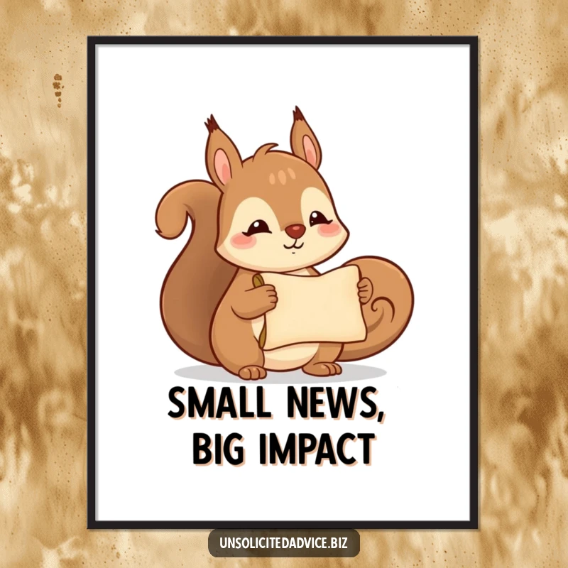 Funny digital art print of a cute anthropomorphic squirrel smiling and holding a tiny rolled-up scroll, radiating pure charm.