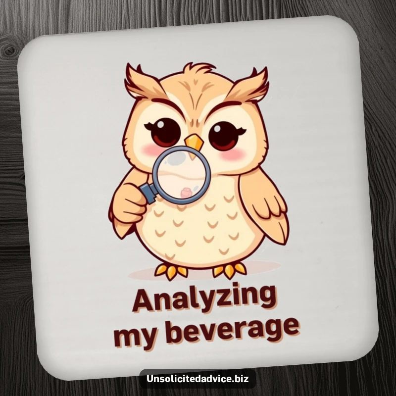 Funny drink coaster featuring a cheerful anthropomorphic owl using a magnifying glass, adding curious humor to your table.