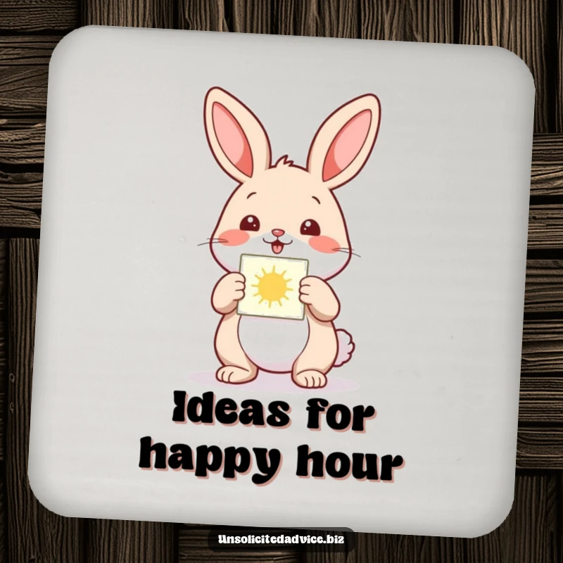 Funny drink coaster featuring a happy anthropomorphic rabbit presenting a small, glowing diagram, adding innovative humor to your table.