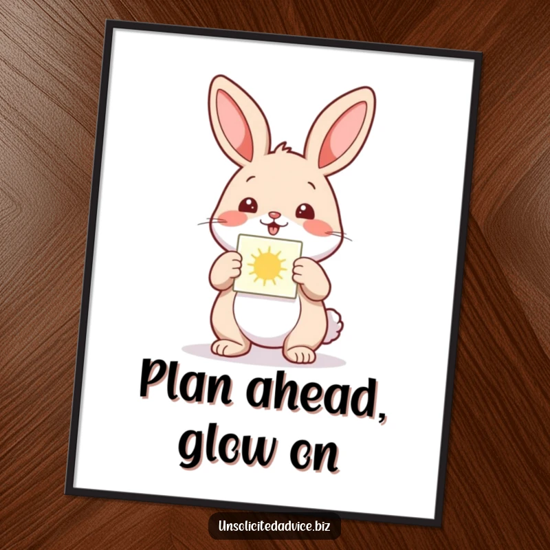 Funny poster print of a happy anthropomorphic rabbit presenting a small, glowing diagram, symbolizing a bright and cheerful invention.