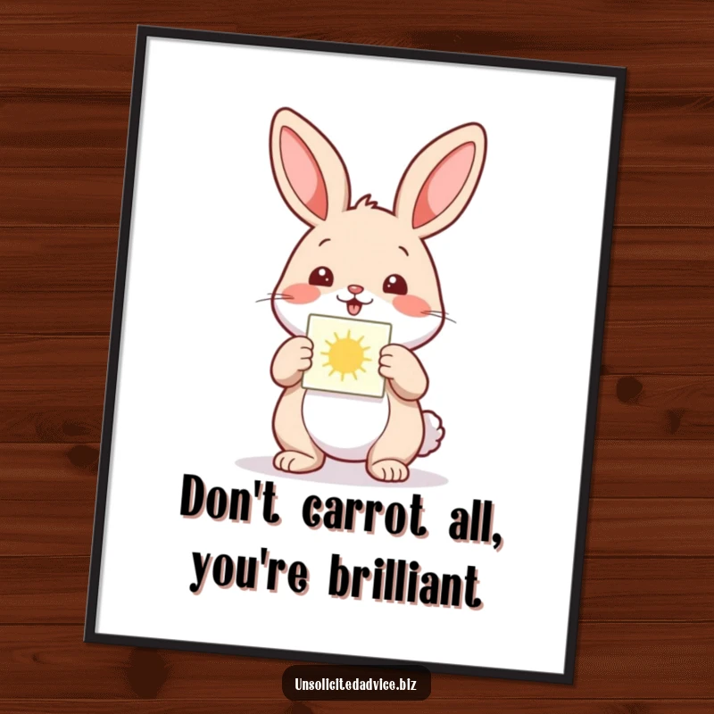 Funny Free Printable Wall Art: Happy rabbit proudly displaying a small, radiant diagram, a whimsical and inspiring piece.