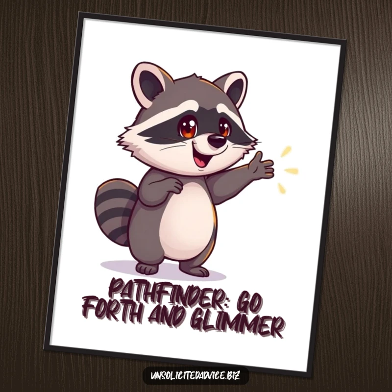 Funny free printable wall art: an enthusiastic raccoon points toward a shimmering path, embodying ambition and adventure.