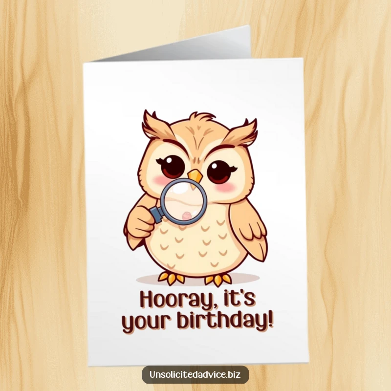 Funny Free Printable Birthday Card: Cheerful owl peering through a magnifying glass at a small object, inspecting birthday wonders.