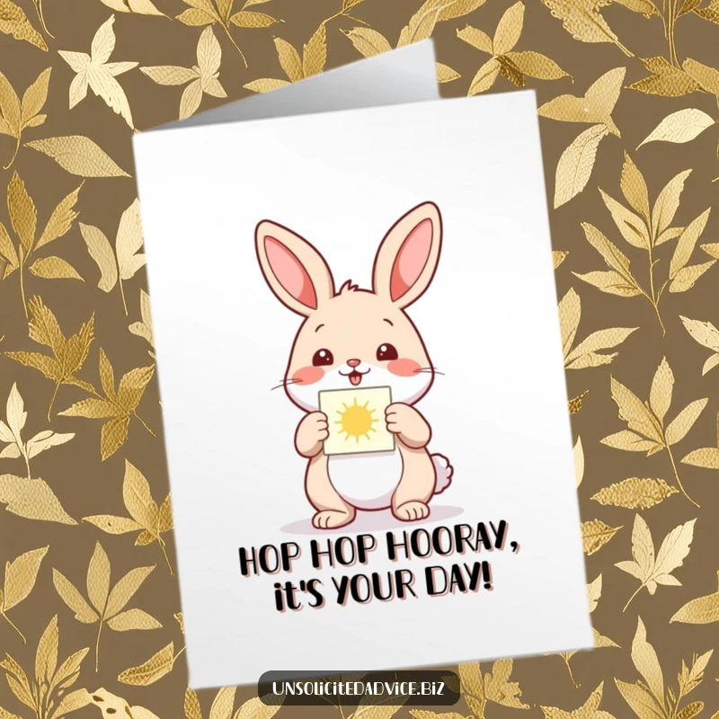 Funny Free Printable Birthday Card: Happy rabbit proudly presents a small, illuminated diagram, outlining birthday plans for fun.