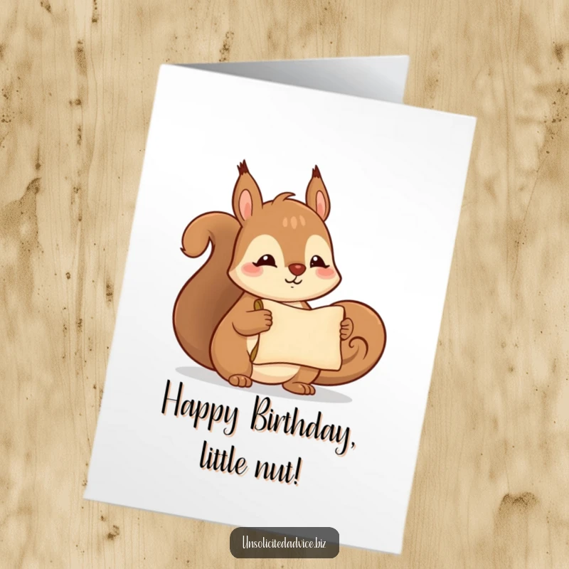 Funny Free Printable Birthday Card: Cute squirrel smiling, presenting a tiny rolled scroll, hinting at birthday surprises and fun.
