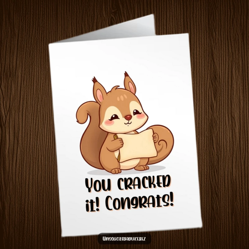 Funny Free Printable Congratulations Card: Cute squirrel with a big smile offers a small, rolled scroll, symbolizing an exciting announcement.