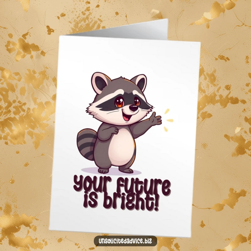 Funny free printable congratulations card: a motivated raccoon points enthusiastically at a shining, successful future.