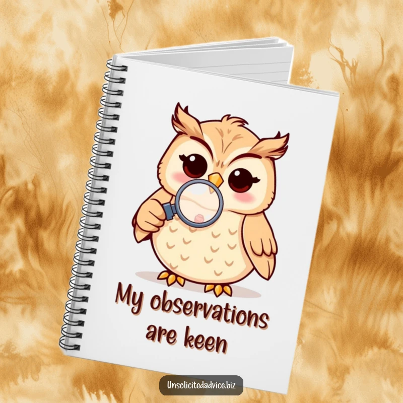Funny notebook cover with a cheerful anthropomorphic owl using a magnifying glass, inspiring detailed and humorous note-taking.