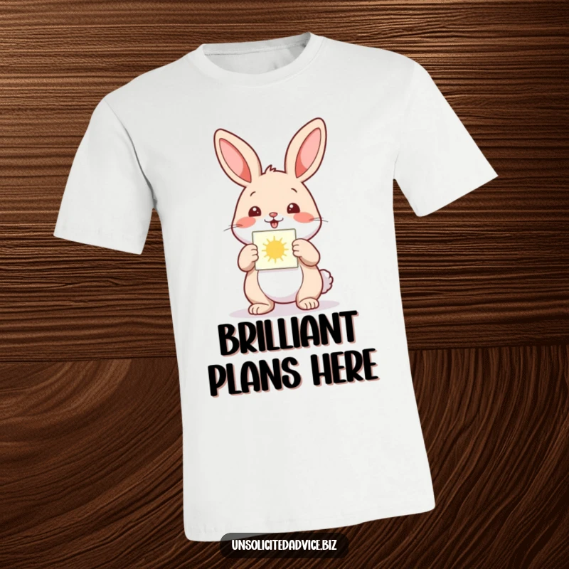Funny t-shirt design of a happy anthropomorphic rabbit presenting a small, glowing diagram, showcasing innovation and cheer.
