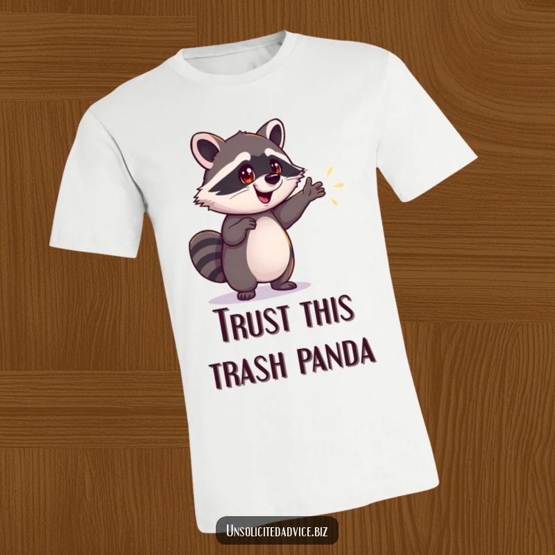 Funny Raccoon T-Shirt: An excited raccoon gestures towards a bright, hopeful path, inspiring journeys and dreams, a great funny gift.