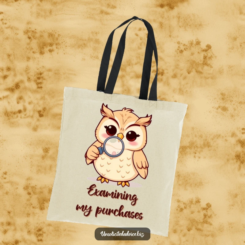 Funny tote bag featuring a cheerful anthropomorphic owl holding a magnifying glass to a small object, ideal for curious outings.