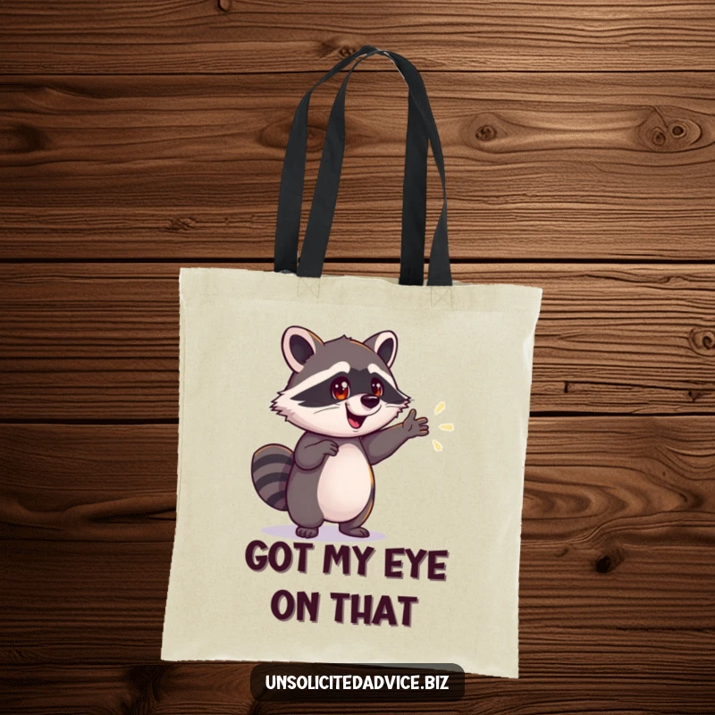 Funny Raccoon Tote Bag: A stylish bag featuring an enthusiastic raccoon pointing towards a hopeful, shimmering path, a delightful funny gift.